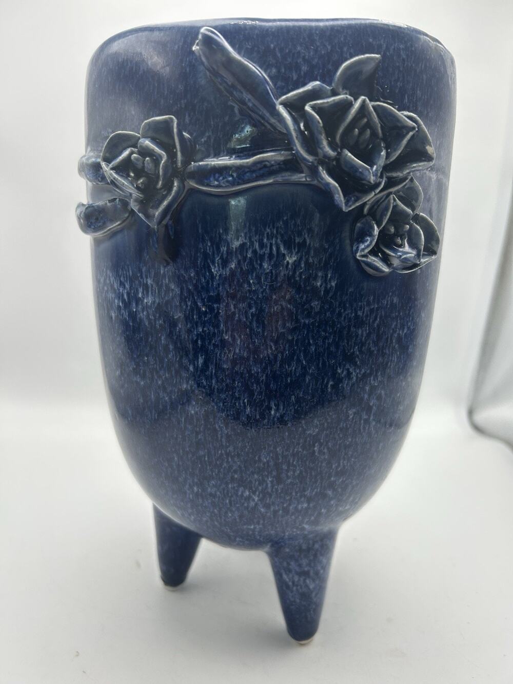 Raised And Footed Vintage Planter. Beautiful Blue Glaze. 1960- 1980